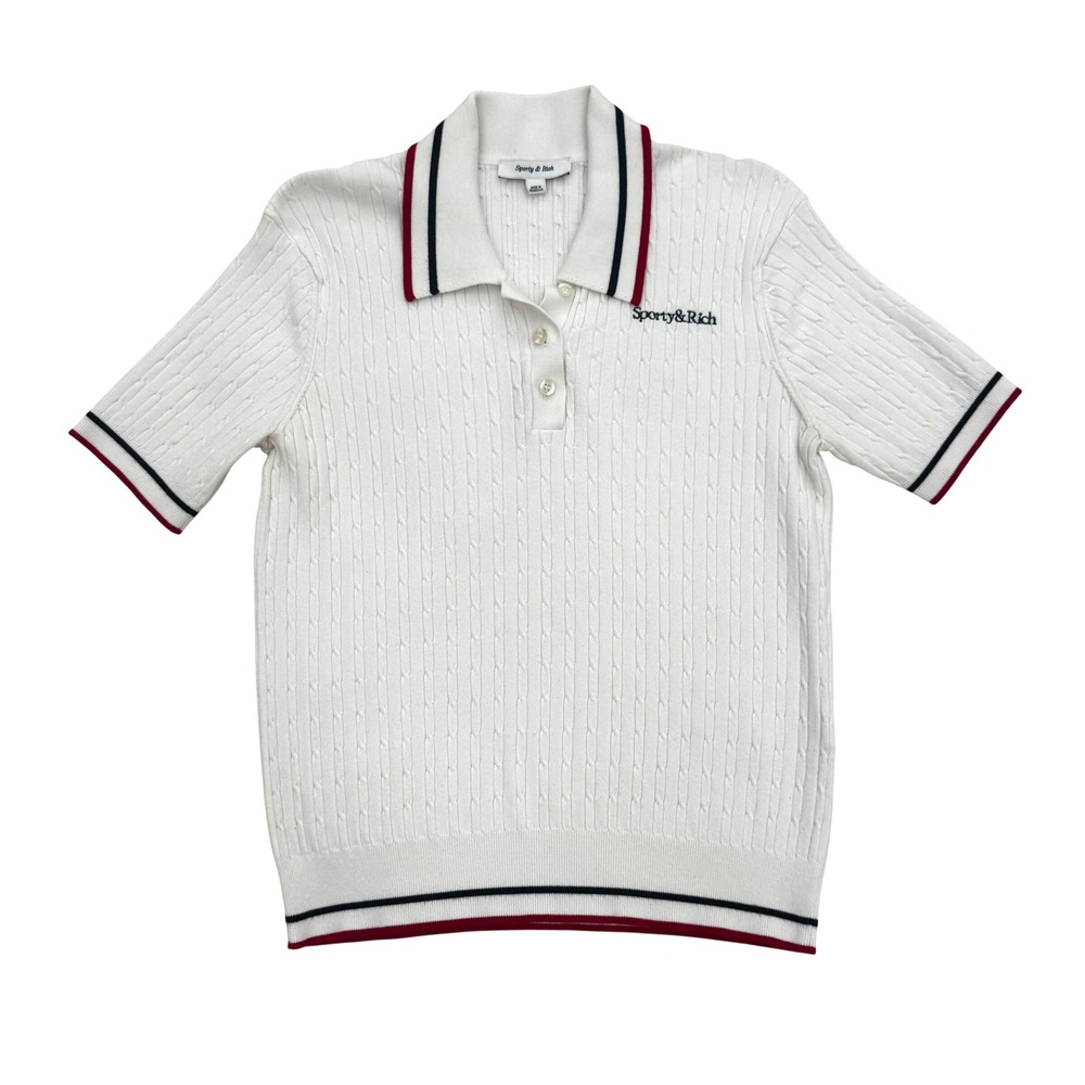 SPORTY & RICH Serif‎ Logo Mini Cable Polo Preppy Blokecore - White/Navy/Ruby